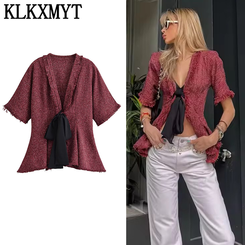 Tassel Fringe Trim - قميص نسائي أنيق برباط من KLKXMYT،