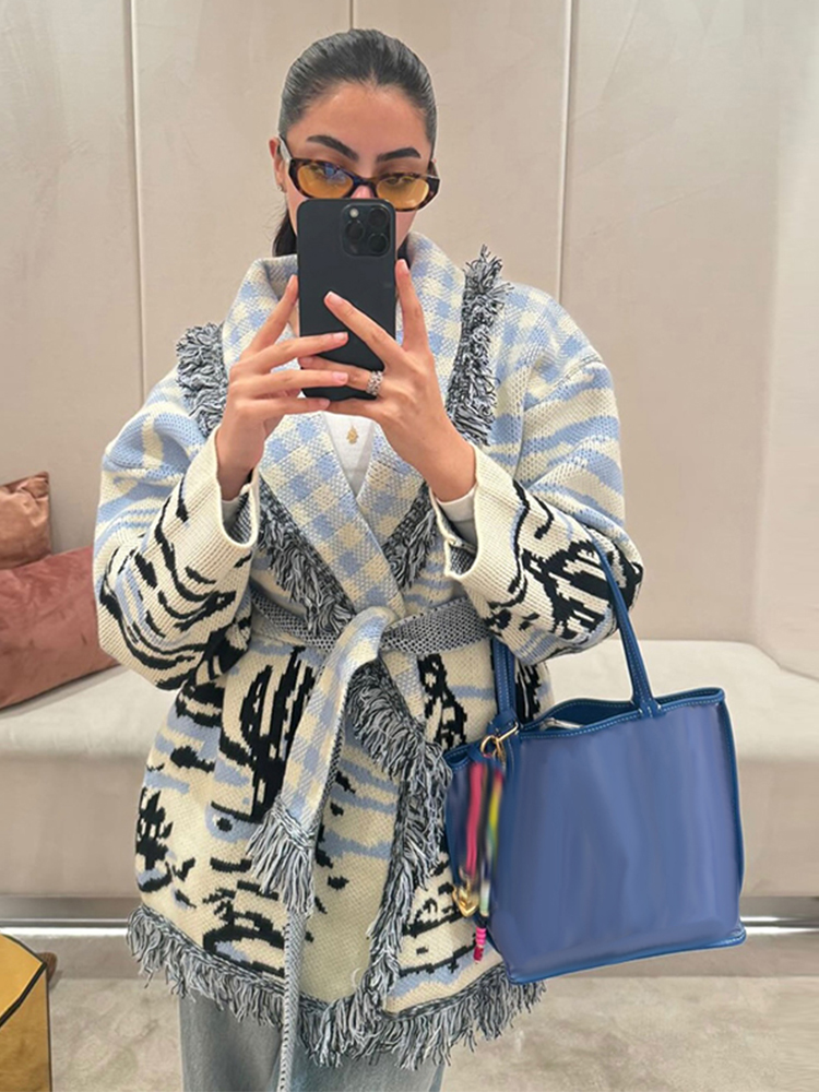 كارديجان نسائي مطبوع للخريف وا - مراجعة Tassel Fringe Trim وسعره